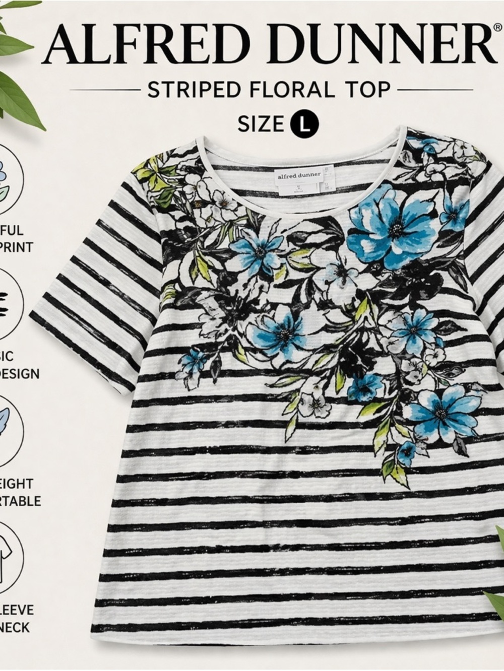 Alfred Dunner Size L Striped Floral Top | Short Sleeve Blouse